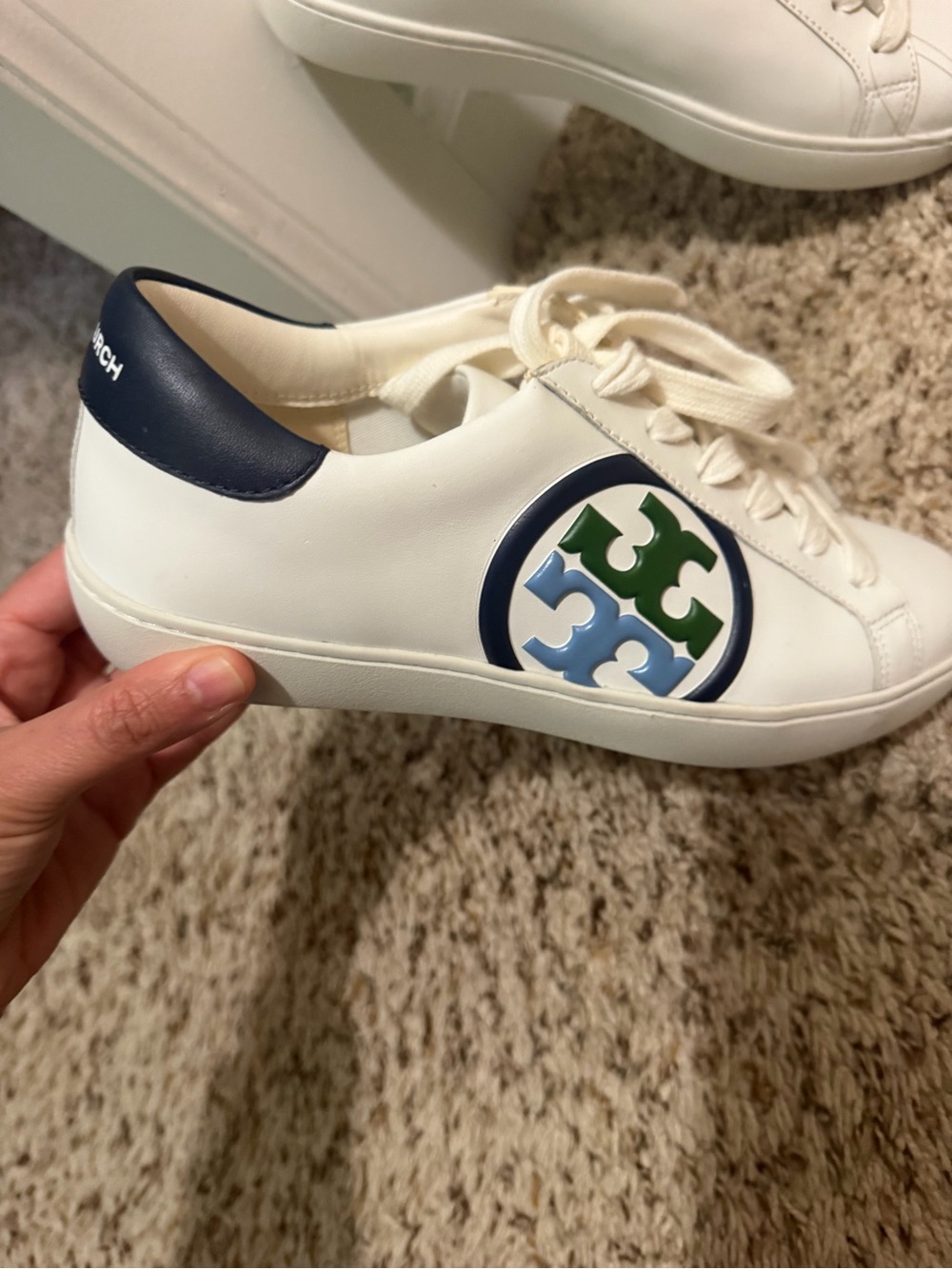 Tory Burch White Leather Sneaker with Navy, Light Blue & Green Logo